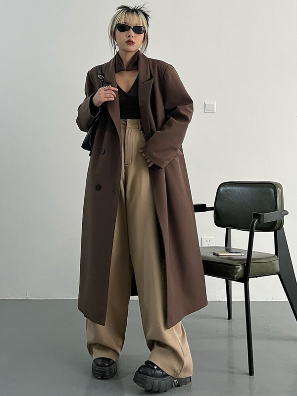 [EAM] Sieviešu brūns, liela izmēra, garas tranšeja, jauns atloks, garām piedurknēm, brīvi pieguļoša vējjaka, modes plūdmaiņas, 2022. gada pavasara rudens 1DF0079