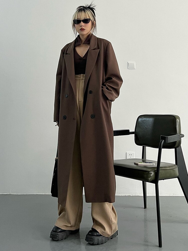 [EAM] Sieviešu brūns, liela izmēra, garas tranšeja, jauns atloks, garām piedurknēm, brīvi pieguļoša vējjaka, modes plūdmaiņas, 2022. gada pavasara rudens 1DF0079