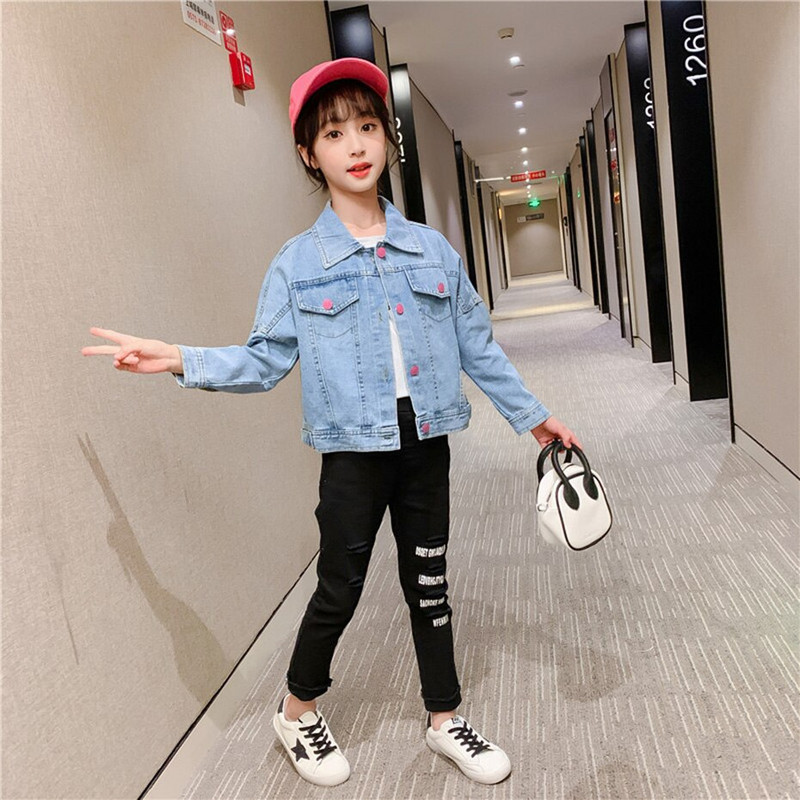 Tüdrukute teksajakk Ülerõivad Ühevärviline mantel Tüdrukutele Litritega jakk Tüdrukutele Kevad-sügis Lasteriided