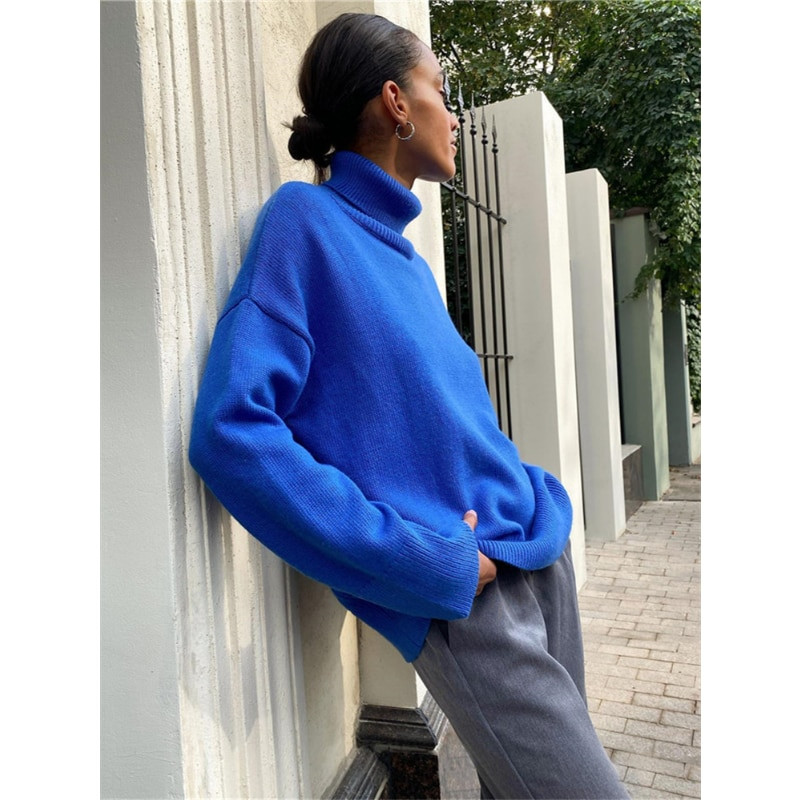Νέο χαλαρό, περιστασιακό γυναικείο πουλόβερ με ψηλό λαιμό, μασίφ πλεκτό, χειμωνιάτικο ζεστό μακρυμάνικο πουλόβερ για γυναίκες