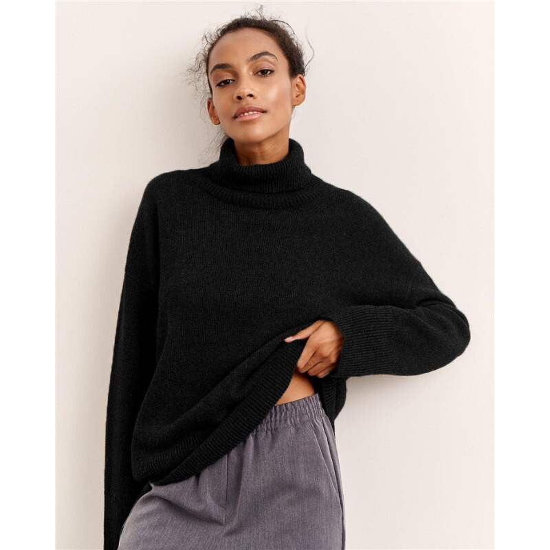 Νέο χαλαρό, περιστασιακό γυναικείο πουλόβερ με ψηλό λαιμό, μασίφ πλεκτό, χειμωνιάτικο ζεστό μακρυμάνικο πουλόβερ για γυναίκες