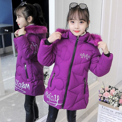 Bieza saglabāt siltumu ziemas meiteņu jaka liela izmēra lācis ar kapuci džemperis ar piedurknēm plīša virsdrēbes bērniem pusaudžu garais vējjaka mētelis