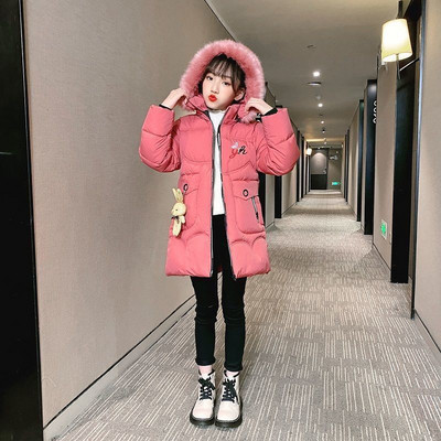 Bieza saglabāt siltumu ziemas meiteņu jaka liela izmēra lācis ar kapuci džemperis ar piedurknēm plīša virsdrēbes bērniem pusaudžu garais vējjaka mētelis