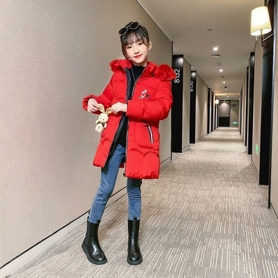 Bieza saglabāt siltumu ziemas meiteņu jaka liela izmēra lācis ar kapuci džemperis ar piedurknēm plīša virsdrēbes bērniem pusaudžu garais vējjaka mētelis