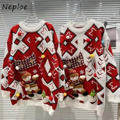 „Neploe O Neck Plaid“ kontrastingos spalvos ilgomis rankovėmis „Femme“ megztas megztinis „Y2k“ stereofoniniai „Little Pompom“ kalėdiniai džemperiai