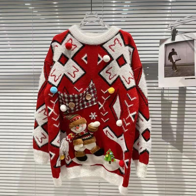 Neploe O Neck Plaid Kontrastkrāsas Garās Piedurknes Pull Femme Trikotāžas Pulovers Džemperis Y2k Stereo Little Pompon Ziemassvētku džemperi
