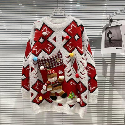 Neploe O Neck Plaid Kontrastkrāsas Garās Piedurknes Pull Femme Trikotāžas Pulovers Džemperis Y2k Stereo Little Pompon Ziemassvētku džemperi