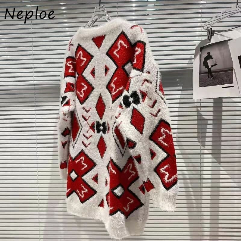 Neploe O λαιμόκοψη καρό αντίθεση Χρώμα μακρυμάνικο Pull Femme Πλεκτό πουλόβερ πουλόβερ Y2k Stereo Little Pompom Χριστουγεννιάτικα πουλόβερ