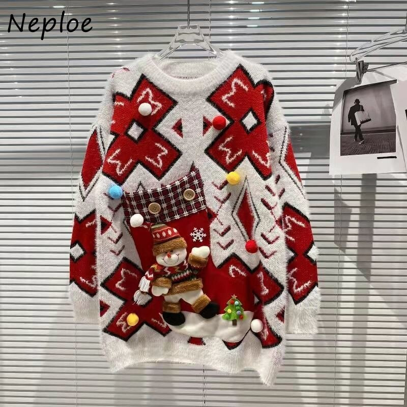 Neploe O λαιμόκοψη καρό αντίθεση Χρώμα μακρυμάνικο Pull Femme Πλεκτό πουλόβερ πουλόβερ Y2k Stereo Little Pompom Χριστουγεννιάτικα πουλόβερ