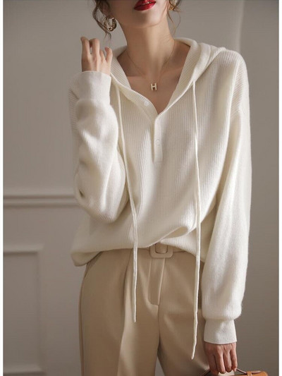 Γυναικείο πουλόβερ με λευκή κουκούλα Φθινοπωρινό Χειμωνιάτικο Νέο Πουλόβερ από 100% καθαρό μαλλί Κορεατική μόδα Χαλαρά πλεκτά μπλουζάκια για γυναίκες