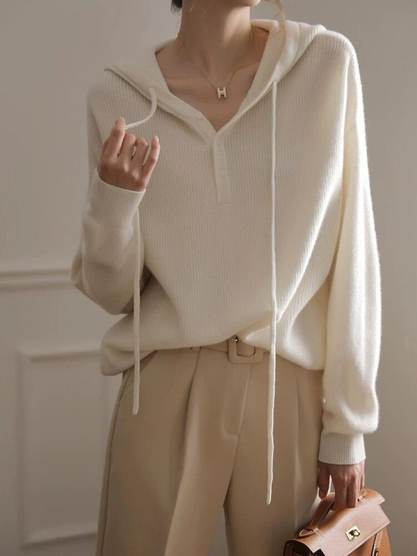 Γυναικείο πουλόβερ με λευκή κουκούλα Φθινοπωρινό Χειμωνιάτικο Νέο Πουλόβερ από 100% καθαρό μαλλί Κορεατική μόδα Χαλαρά πλεκτά μπλουζάκια για γυναίκες