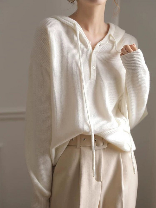 Γυναικείο πουλόβερ με λευκή κουκούλα Φθινοπωρινό Χειμωνιάτικο Νέο Πουλόβερ από 100% καθαρό μαλλί Κορεατική μόδα Χαλαρά πλεκτά μπλουζάκια για γυναίκες