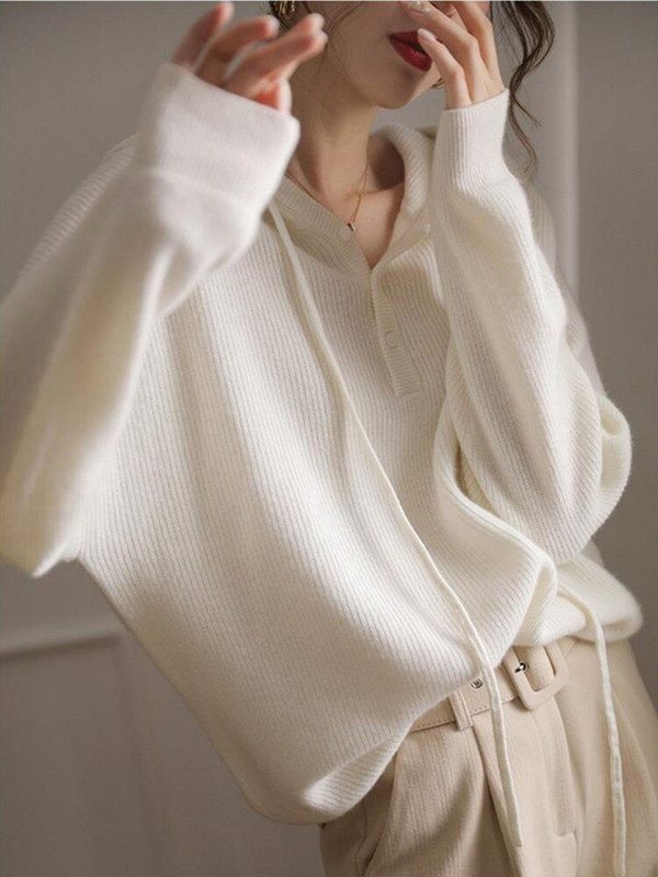 Γυναικείο πουλόβερ με λευκή κουκούλα Φθινοπωρινό Χειμωνιάτικο Νέο Πουλόβερ από 100% καθαρό μαλλί Κορεατική μόδα Χαλαρά πλεκτά μπλουζάκια για γυναίκες