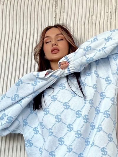 Sieviešu apdrukāti brīvi trikotāžas džemperi Sieviešu džemperi ar garām piedurknēm ar O veida kakla izgriezumu, 2022. gada rudens ziemas Sieviešu ielu apģērbi Trikotāžas izstrādājumi