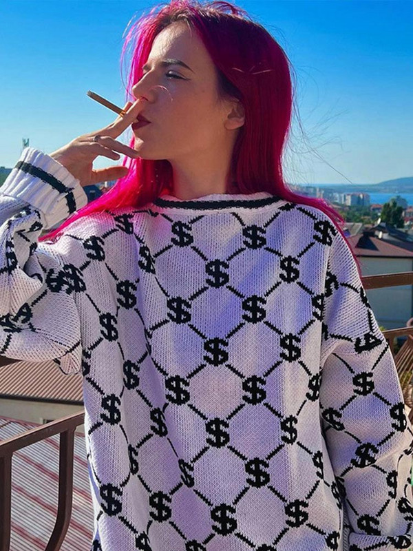 Sieviešu apdrukāti brīvi trikotāžas džemperi Sieviešu džemperi ar garām piedurknēm ar O veida kakla izgriezumu, 2022. gada rudens ziemas Sieviešu ielu apģērbi Trikotāžas izstrādājumi