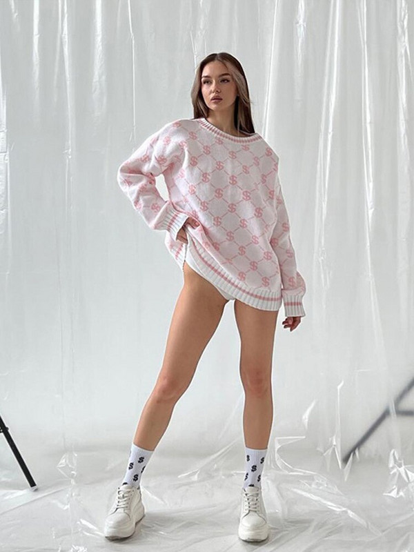 Sieviešu apdrukāti brīvi trikotāžas džemperi Sieviešu džemperi ar garām piedurknēm ar O veida kakla izgriezumu, 2022. gada rudens ziemas Sieviešu ielu apģērbi Trikotāžas izstrādājumi