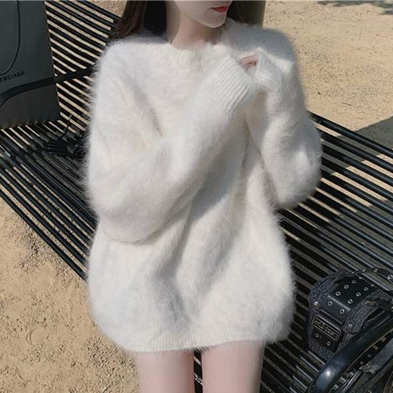 Nagykereskedelmi gyári testreszabott finom fehér pulóver női őszi téli viselet pulóver Mink kasmír bolyhos laza pulóver JNS501