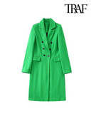 TRAF Γυναικεία Μόδα διπλό στήθος Μάλλινη πράσινη καμπαρντίνα Vintage μακρυμάνικο τσέπες με πτερύγιο γυναικείο πανωφόρι κομψό πανωφόρι