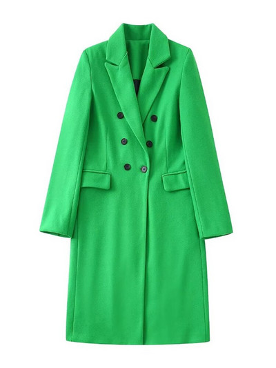 TRAF Γυναικεία Μόδα διπλό στήθος Μάλλινη πράσινη καμπαρντίνα Vintage μακρυμάνικο τσέπες με πτερύγιο γυναικείο πανωφόρι κομψό πανωφόρι