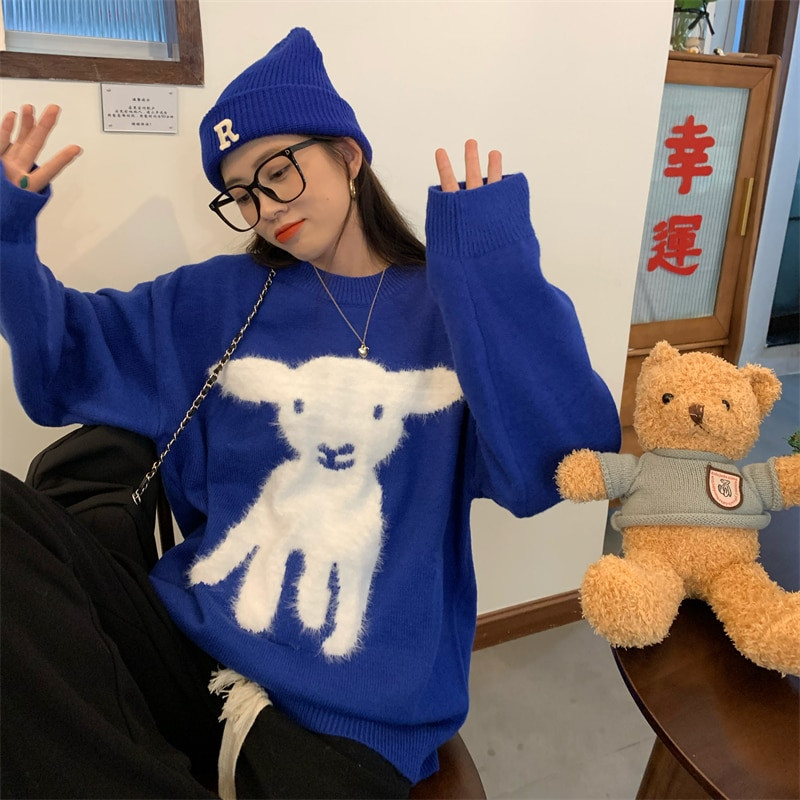2022. Labavi podstavljeni mali ovčiji pulover Jesen Zima Široki podebljani pleteni džemper Top Modni ženski vintage pleteni pulover