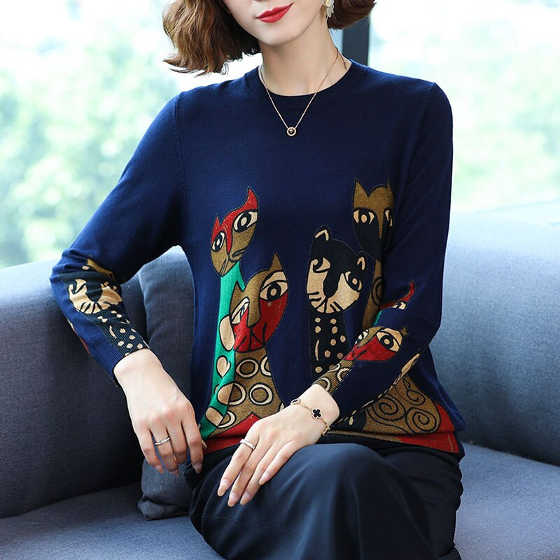 YISU Pavasara Rudens Vilnas Džemperis Džemperis ar O veida Kaklu Karikatūra Apdrukas topi ar garām piedurknēm Sieviešu ikdienas Trikotāžas džemperis Sieviešu apģērbs