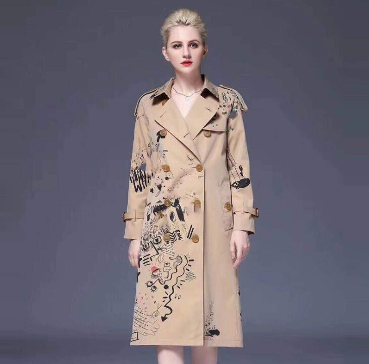 Ποπ Χακί ανοιξιάτικη γυναικεία καμπαρντίνα με μακριά μανίκια Doodle σχέδιο παλτό γυναικείο πανωφόρι γυναικείο γυναικείο μπουφάν ευρωπαϊκό φθινόπωρο