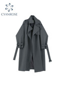Κορεάτικο στυλ Χαλαρή υπερμεγέθη γυναικεία καμπαρντίνα με διπλό στήθος γυναικεία μανδύα αντιανεμική άνοιξη φθινόπωρο πανωφόρι γκρι