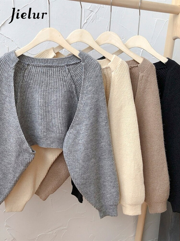 Jielur novi kratki kardigani pleteni šik korejski modni pončo ženske jesenske elegantne vintage minimalističke ženske majice