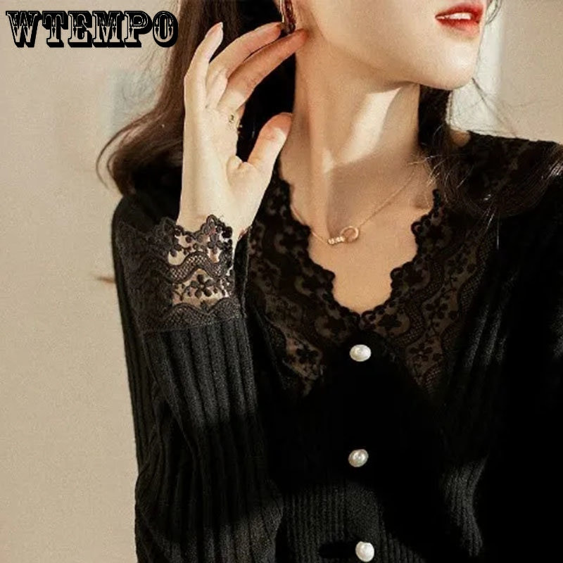 V formos kaklo nėrinių mezgimo atsargumo mašina megztinis Universalus viršutinis moteriškas pavasario ir rudens plonas didmeninė prekyba