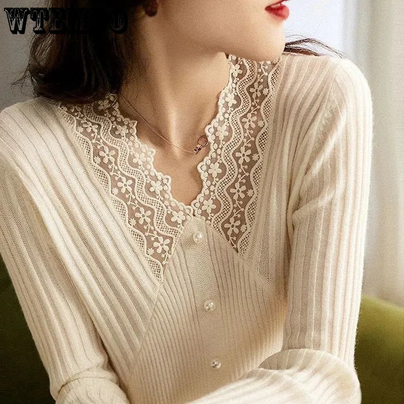 V formos kaklo nėrinių mezgimo atsargumo mašina megztinis Universalus viršutinis moteriškas pavasario ir rudens plonas didmeninė prekyba