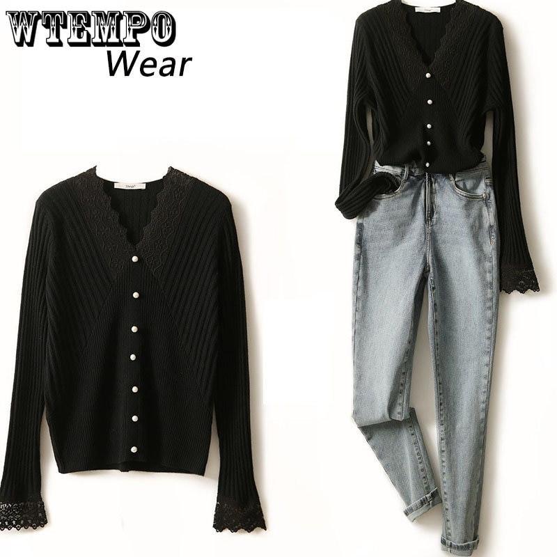 V formos kaklo nėrinių mezgimo atsargumo mašina megztinis Universalus viršutinis moteriškas pavasario ir rudens plonas didmeninė prekyba