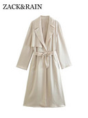 ZACK RAIN Sieviešu zīda satīna mētelis ar jostu, 2022. gada rudens dāmu eleganta, brīva gara jaka, retro stila sieviešu virsdrēbes