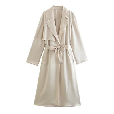 ZACK RAIN Sieviešu zīda satīna mētelis ar jostu, 2022. gada rudens dāmu eleganta, brīva gara jaka, retro stila sieviešu virsdrēbes