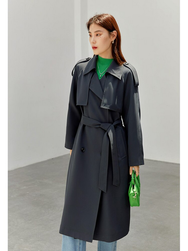 DUSHU Retro stila sieviešu Trench Jaka Morandi Coata Rudens Jauna Double Breasted Commuter visu sezonu Sieviešu vēja aizsargs