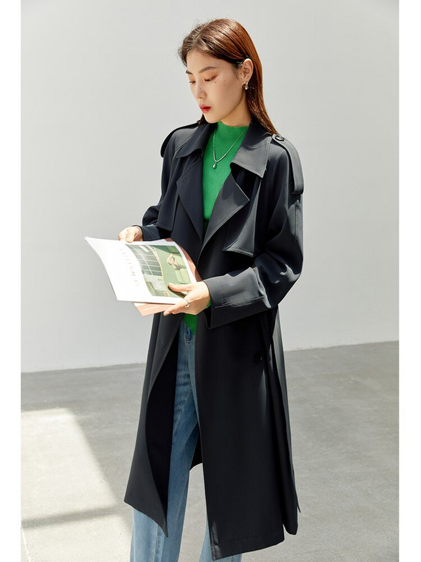 DUSHU Retro stila sieviešu Trench Jaka Morandi Coata Rudens Jauna Double Breasted Commuter visu sezonu Sieviešu vēja aizsargs