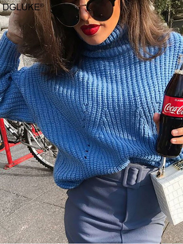 Sieviešu džemperis ar zilu bruņurupuču apkakli, tamborēts ar garām piedurknēm ar garām piedurknēm, liela izmēra sieviešu džemperis 2022. gada ziemas rudens