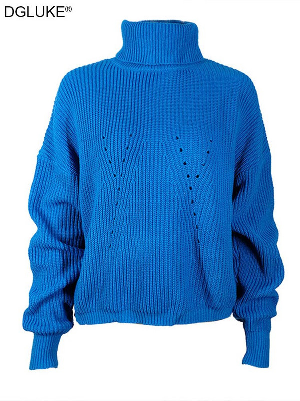 Sieviešu džemperis ar zilu bruņurupuču apkakli, tamborēts ar garām piedurknēm ar garām piedurknēm, liela izmēra sieviešu džemperis 2022. gada ziemas rudens