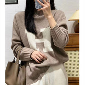 Γυναικείο πουλόβερ από 100% αγνό μαλλί casual κεντημένο γράμμα τοπ φθινόπωρο χειμώνα χαλαρό πλεκτό ζιβάγκο γυναικείο πουλόβερ από κασμίρ