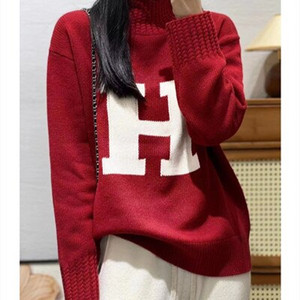Γυναικείο πουλόβερ από 100% αγνό μαλλί casual κεντημένο γράμμα τοπ φθινόπωρο χειμώνα χαλαρό πλεκτό ζιβάγκο γυναικείο πουλόβερ από κασμίρ