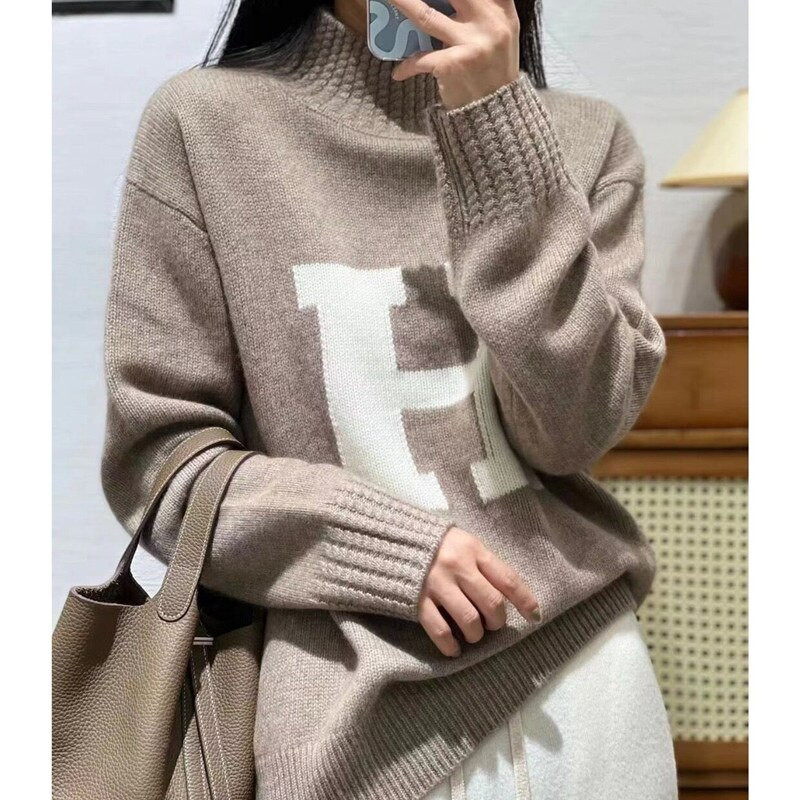 Γυναικείο πουλόβερ από 100% αγνό μαλλί casual κεντημένο γράμμα τοπ φθινόπωρο χειμώνα χαλαρό πλεκτό ζιβάγκο γυναικείο πουλόβερ από κασμίρ