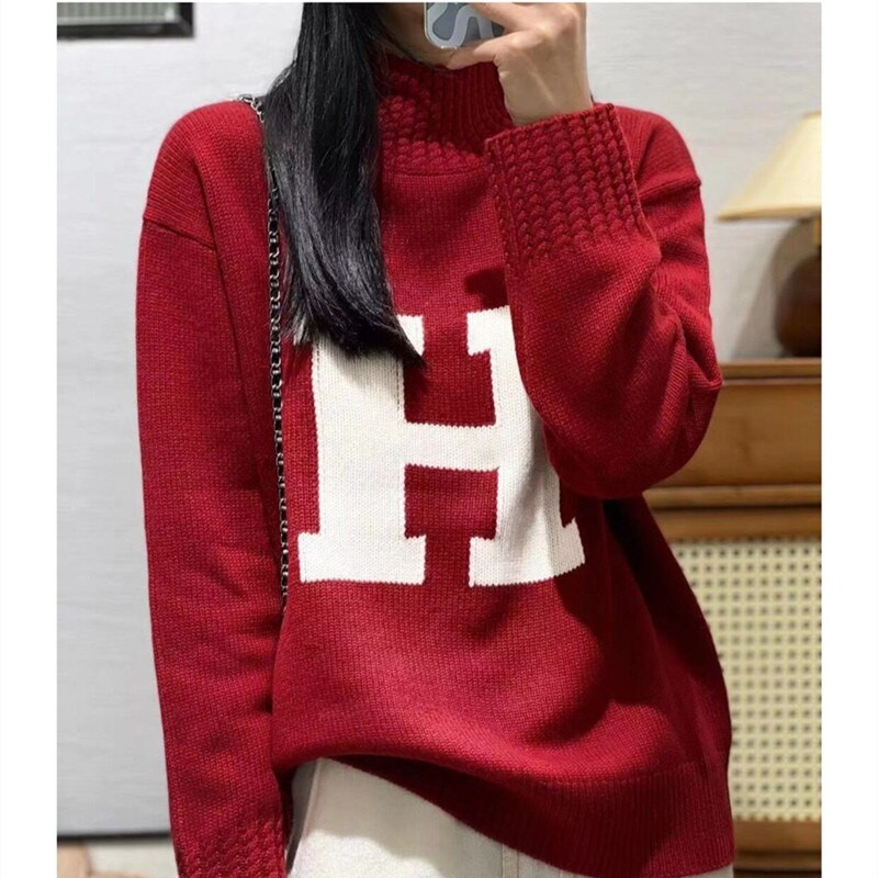 Γυναικείο πουλόβερ από 100% αγνό μαλλί casual κεντημένο γράμμα τοπ φθινόπωρο χειμώνα χαλαρό πλεκτό ζιβάγκο γυναικείο πουλόβερ από κασμίρ
