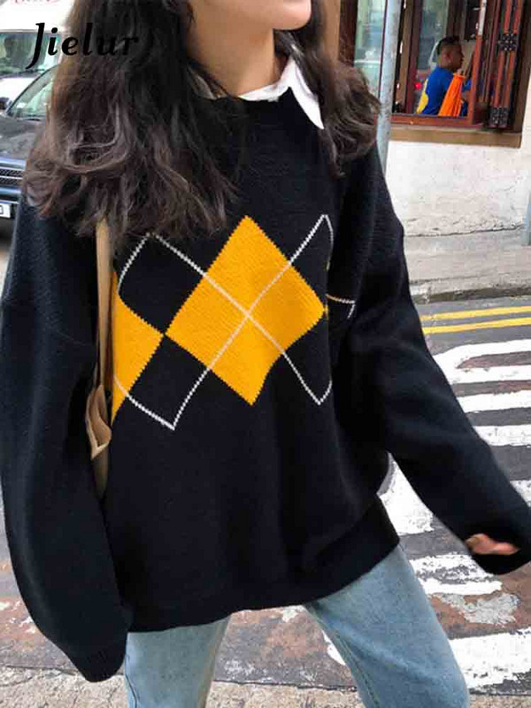 Jielur Γυναικεία Πλεκτά Πουλόβερ Μόδα Πλούβερ Γυναικεία Χειμερινά Χαλαρά Πουλόβερ Γυναικείο Γυναικείο Καρό Πουλόβερ