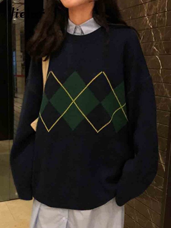 Jielur Γυναικεία Πλεκτά Πουλόβερ Μόδα Πλούβερ Γυναικεία Χειμερινά Χαλαρά Πουλόβερ Γυναικείο Γυναικείο Καρό Πουλόβερ