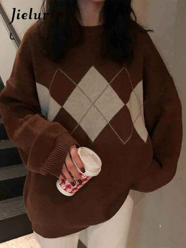 Jielur Γυναικεία Πλεκτά Πουλόβερ Μόδα Πλούβερ Γυναικεία Χειμερινά Χαλαρά Πουλόβερ Γυναικείο Γυναικείο Καρό Πουλόβερ