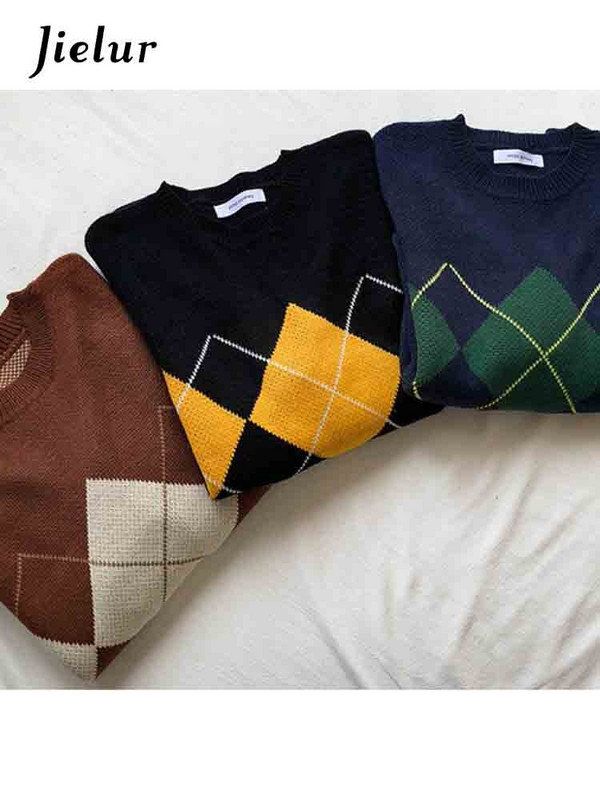 Jielur Γυναικεία Πλεκτά Πουλόβερ Μόδα Πλούβερ Γυναικεία Χειμερινά Χαλαρά Πουλόβερ Γυναικείο Γυναικείο Καρό Πουλόβερ