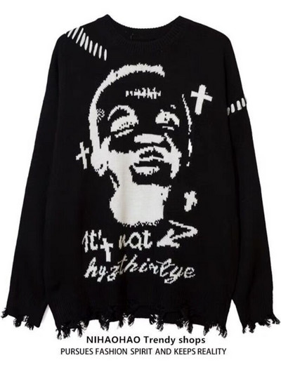 HOUZHOU melns vintage džemperis Harajuku Gothic brīvs trikotāžas džemperis Streetwear Oversize Y2k džemperis neregulāra apakšmala rudens ziema