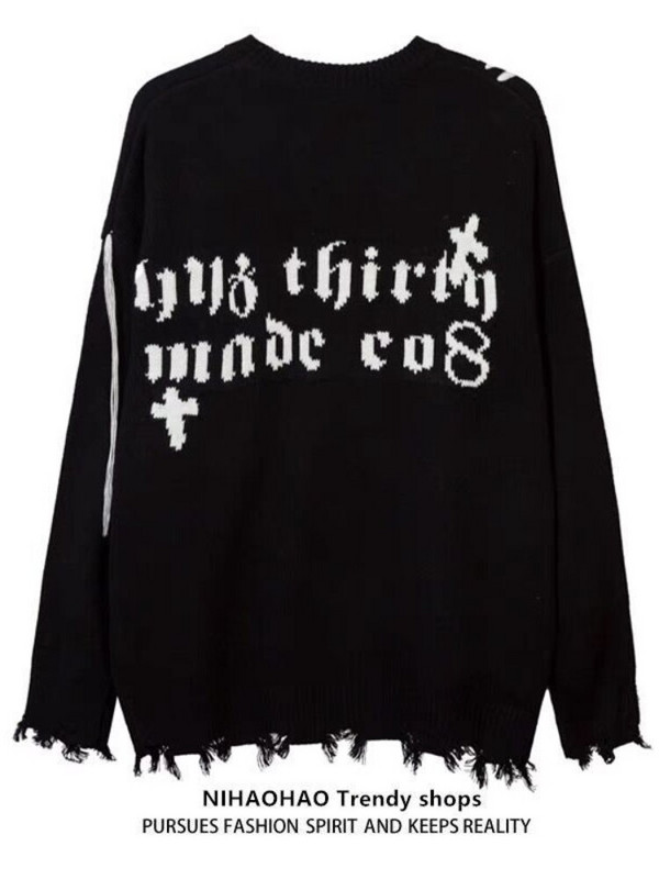 HOUZHOU Crni vintage pulover Harajuku gotički široki pleteni pulover Streetwear Oversize Y2k pulover nepravilnog ruba jesen zima