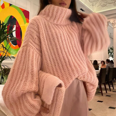 Jesenski modni pleteni pulover s dolčevitom Ženski ležerni jednobojni pulover dugih rukava Zimski elegantni široki džemper Harajuku za 2022.