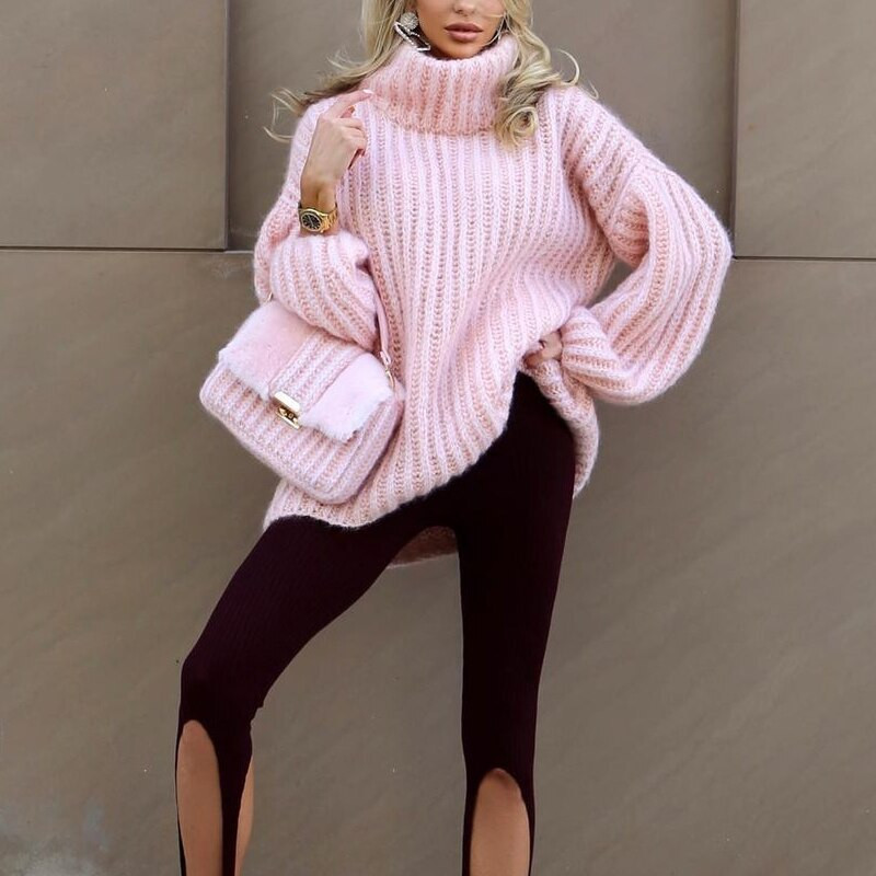 Jesenski modni pleteni pulover s dolčevitom Ženski ležerni jednobojni pulover dugih rukava Zimski elegantni široki džemper Harajuku za 2022.