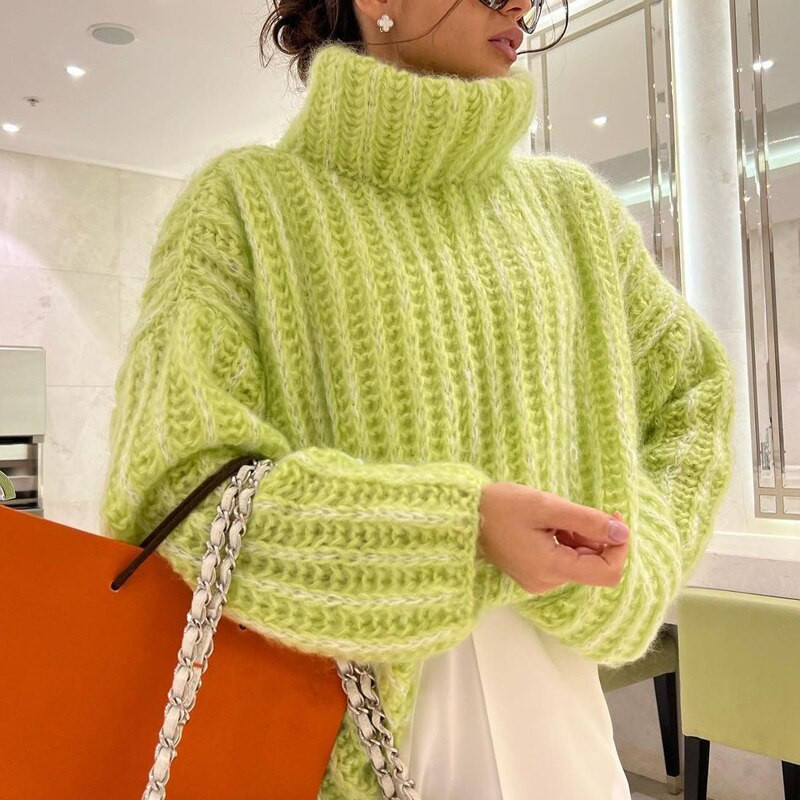 Jesenski modni pleteni pulover s dolčevitom Ženski ležerni jednobojni pulover dugih rukava Zimski elegantni široki džemper Harajuku za 2022.